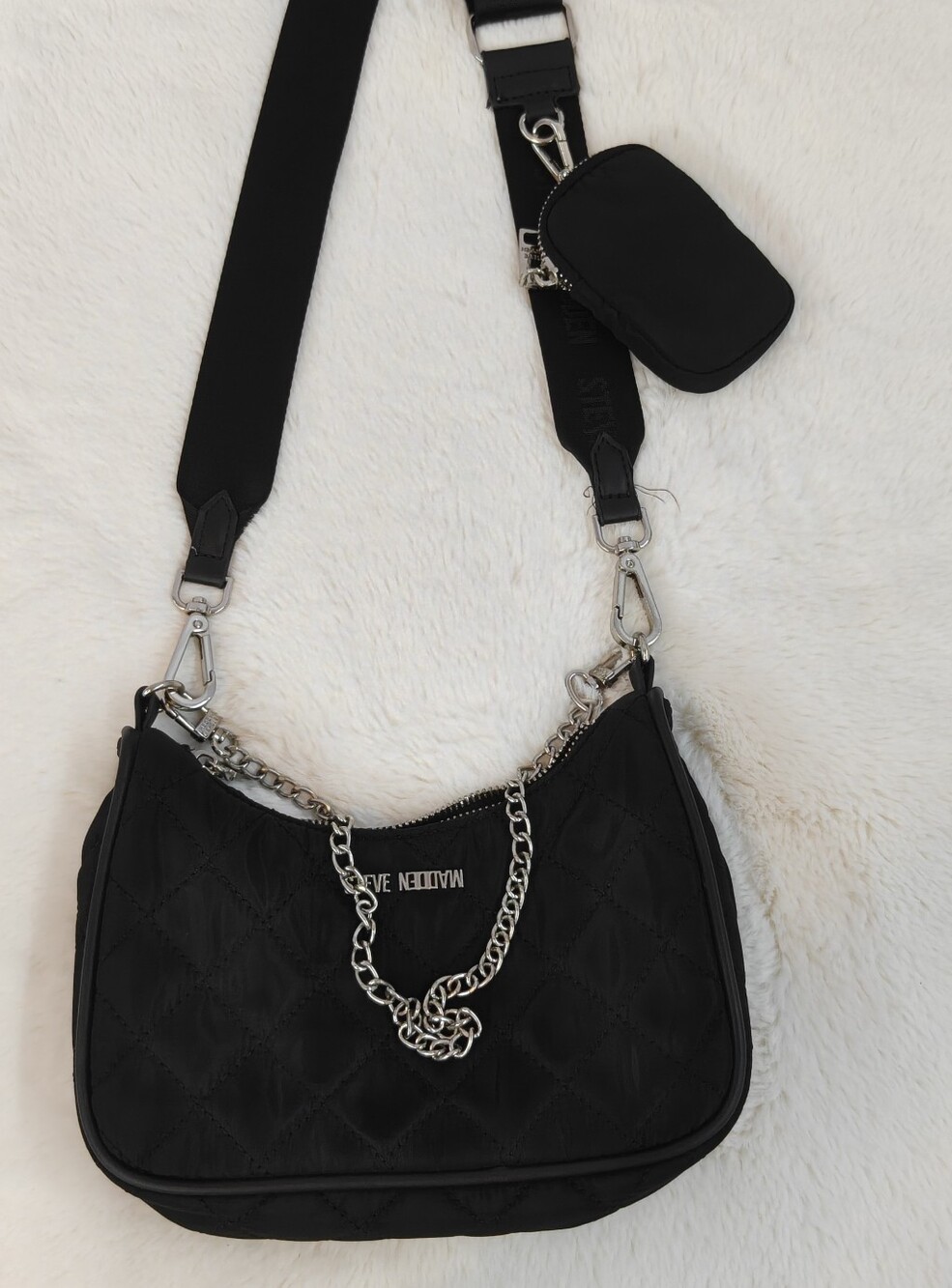 Steve Madden Quilted Black Crossbody Bag with Chain Accent & Pouch